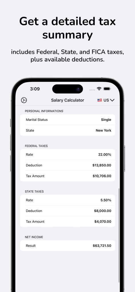 Salary Paycheck Calculator US - Una captura de pantalla de la aplicación Calculadora de Salario Neto que muestra un resumen detallado de impuestos, incluidas las deducciones de impuestos federales y estatales.