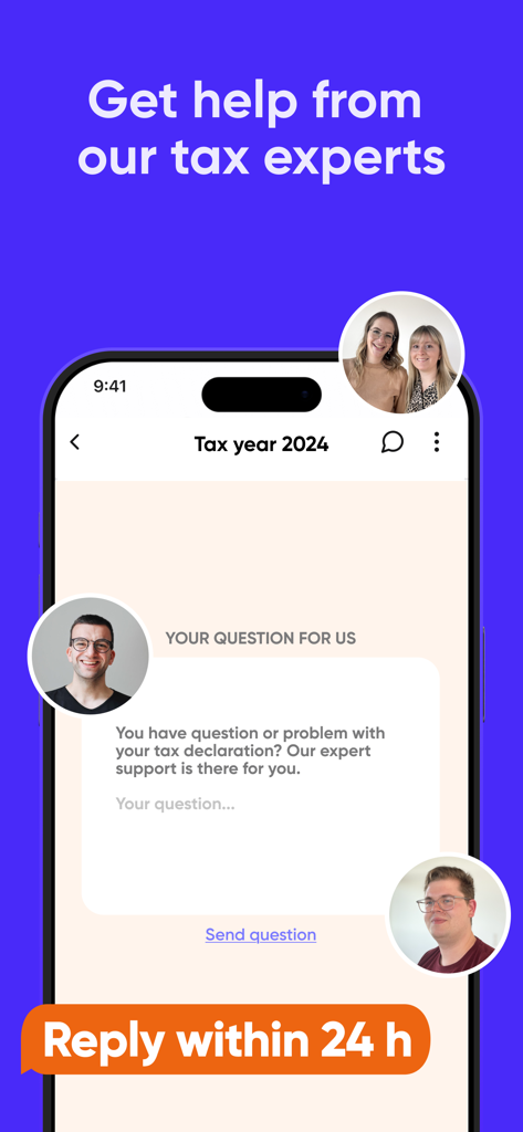 Steuerbot app screen showing a chat interface for asking questions to tax experts with a promised 24 hour reply time