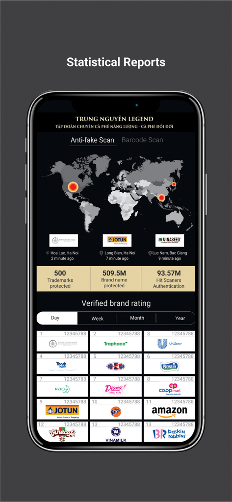 Vietcheck app screen showing statistical reports world map and verified brand rankings