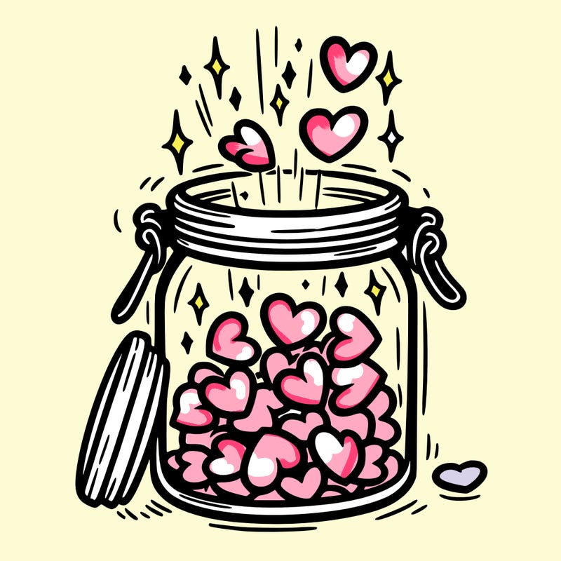 a jar filled with glowing hearts slowly opening and releasing them.