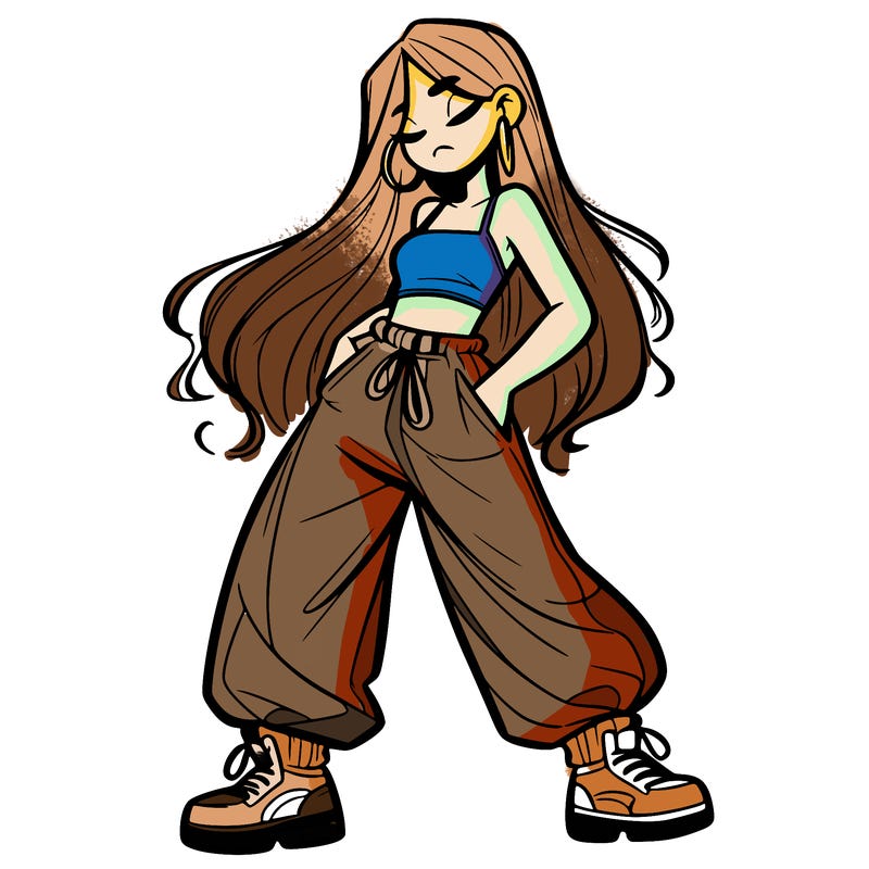 girl in baggy pants crop top and long hair