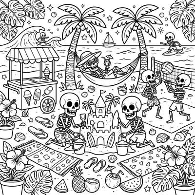 Get ready for a ghoulishly good time with this unique summer vacation coloring page featuring playful skull skeletons enjoying the beach. This fun-filled scene is perfect for bringing some vibrant life to an unexpected holiday.