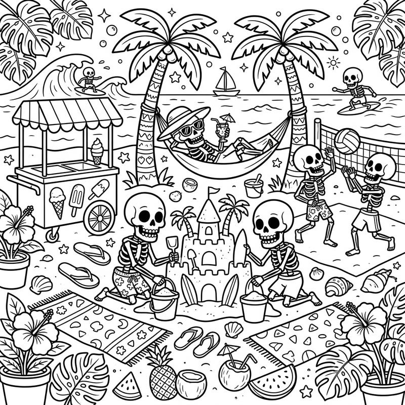Get ready for a ghoulishly good time with this unique summer vacation coloring page featuring playful skull skeletons enjoying the beach. This fun-filled scene is perfect for bringing some vibrant life to an unexpected holiday.