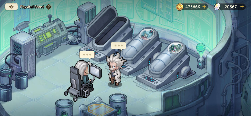 Realms of Pixel - Personagens em pixel art em um cenário de laboratório para a progressão de melhoria física de heróis