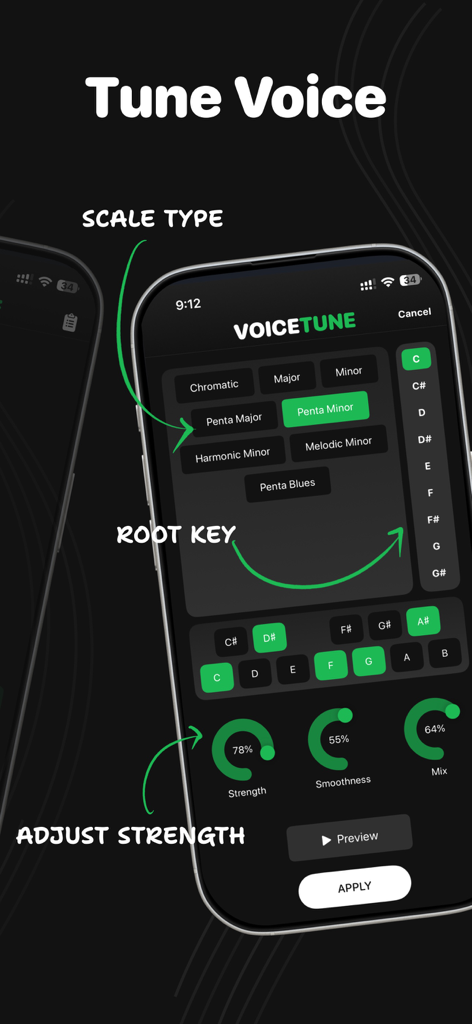 Voice Tune app screen for adjusting auto-tune scale and root key