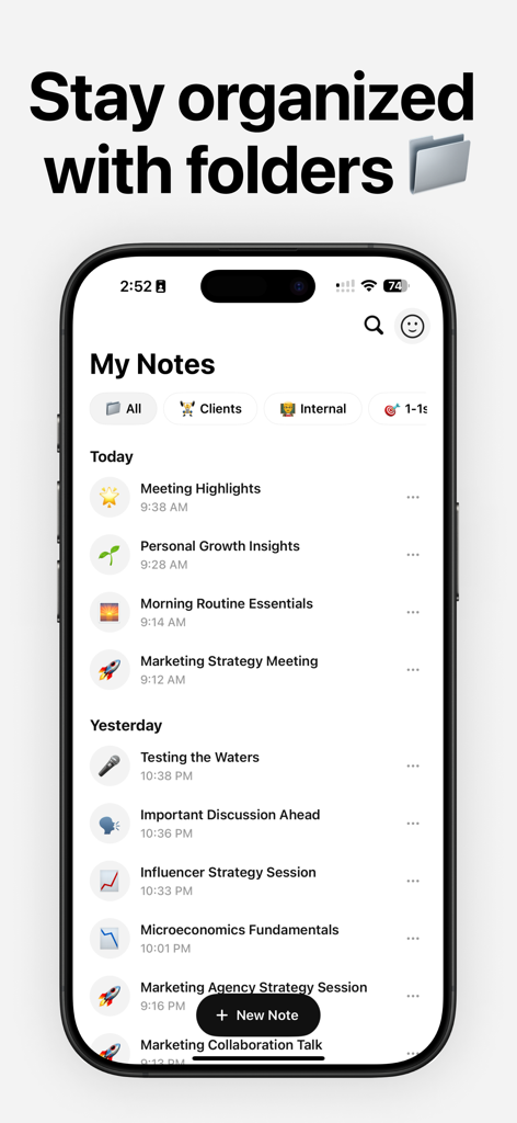 Flownote AI app interface showing meeting notes organized into folders like Clients and Internal.