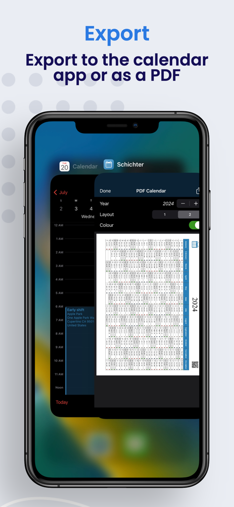 Schichter - Shift calendar - Pantalla del iPhone que muestra opciones de exportación del horario de turnos a PDF y a la aplicación de calendario de iOS.