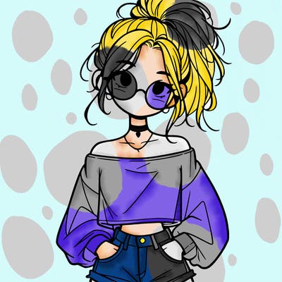 girl with a messy ponytail glasses a baggy crop top and jean shorts