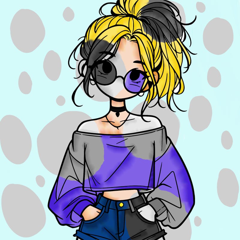 girl with a messy ponytail glasses a baggy crop top and jean shorts