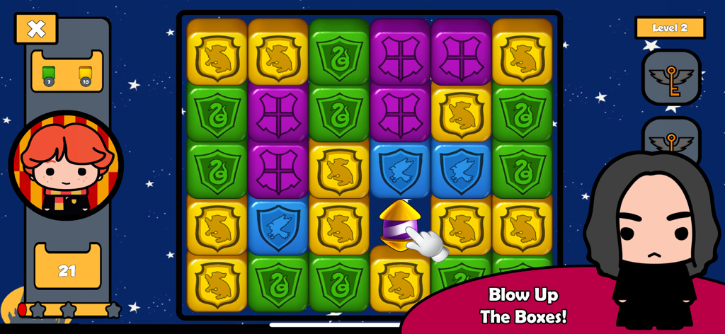 HP Wizarding Quiz - Modo Box Blast en Cuestionario de Magos HP con coloridos bloques coincidentes con escudos de casas mágicas y personajes de dibujos animados