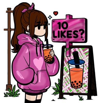 girl with oversized hoodie drinking boba and she has a high ponytail with a sign that says 10likes?