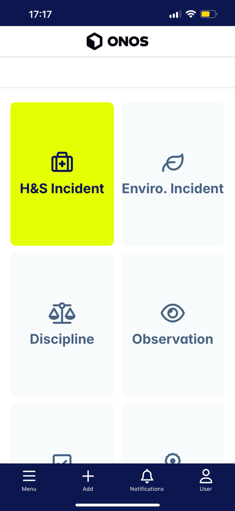 ONOS - Dashboard of the ONOS app showing incident reporting categories like Health and Safety