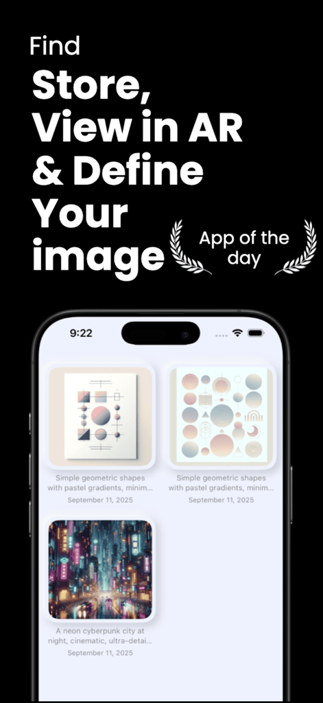 Pocket Posters: AI Video AR - Interface do aplicativo Pocket Posters mostrando uma galeria de imagens geradas por IA, incluindo arte geométrica e uma cidade cyberpunk