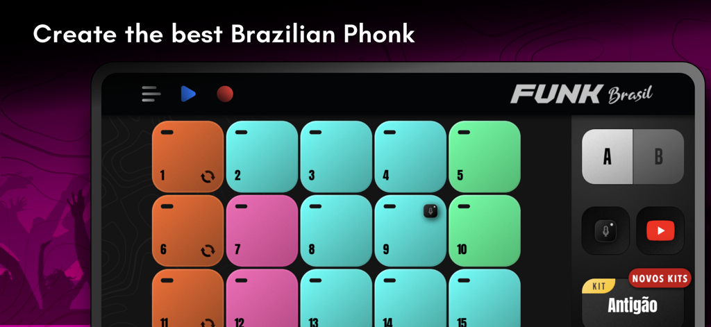 Funk Brasil: DJ MPC drum pads - L'interface de l'application Funk Brasil affiche des pads de batterie MPC colorés pour créer des rythmes musicaux.