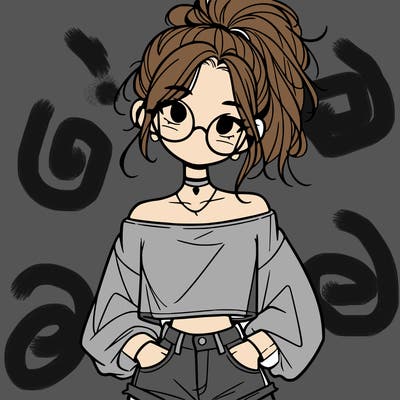 girl with a messy ponytail glasses a baggy crop top and jean shorts