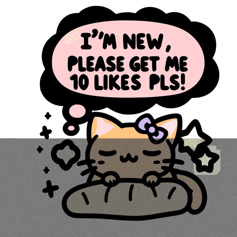 kitty taking a nap dream talking and saying "i'm new, please get me at least 10 likes pls!!"