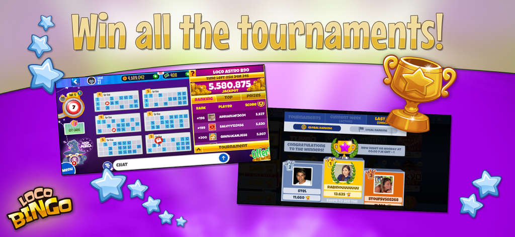 Loco Bingo & Slots Games - Loco Bingo game interface featuring bingo cards tournament leaderboards and a winners podium