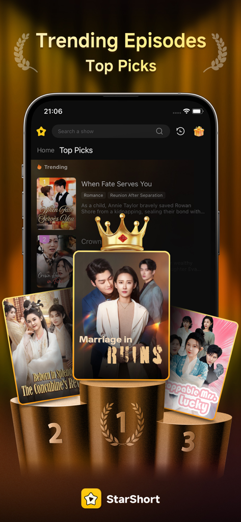 Interface do aplicativo StarShort exibindo dramas curtos em alta e os melhores destaques em um pódio de vencedores.