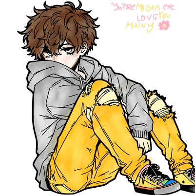 a male hoddie ripped jeans messy hair anime