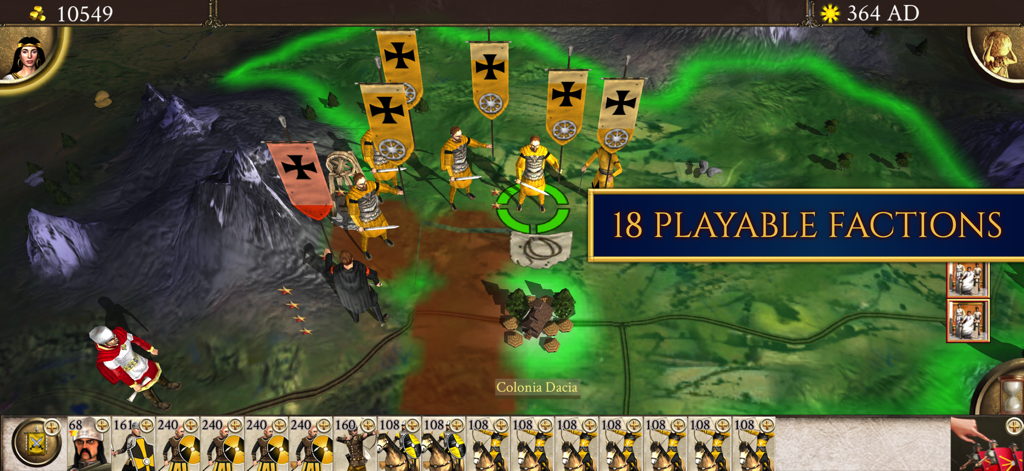 Campaign map of ROME Total War Barbarian Invasion highlighting 18 playable factions and military units