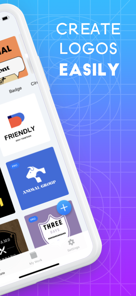 Logo Maker - Design Logo App - Logo Maker app interface on a smartphone showing professional logo templates and the text Create Logos Easily