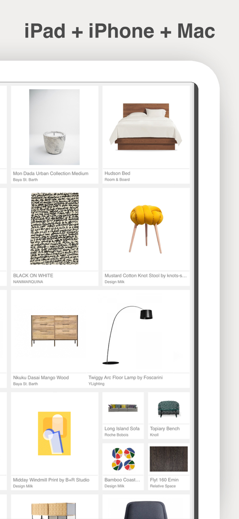 Morpholio Boardアプリの、厳選されたインテリアデザイン家具や装飾品のグリッド