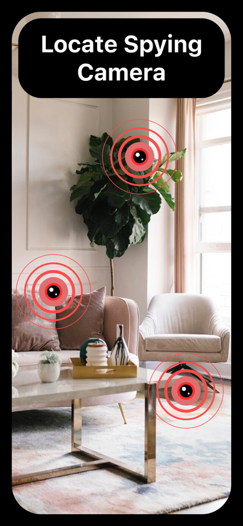 Hidden Device－Detector, Camera - Interfaz de la aplicación Hidden Device Detector mostrando indicadores rojos localizando cámaras espía en un entorno de sala de estar.