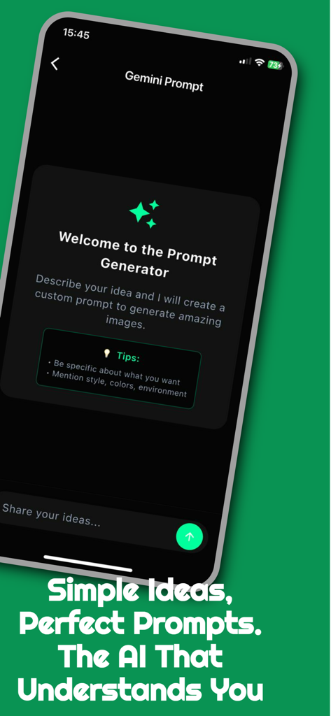 Interface of the Animoon anime generator app showing the AI prompt generator screen for creating custom image prompts.