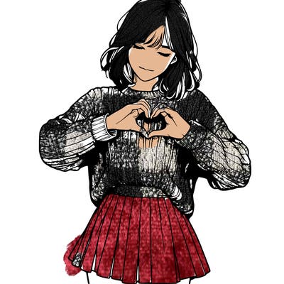 realistic girl in sweater and skirt making a heart with her hands