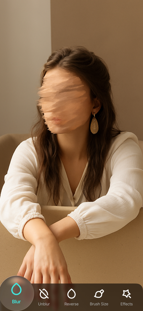 Blur Photo - Background & Face - Eine Bildbearbeitungs-App-Oberfläche mit einem Weichzeichner-Effekt auf einem Porträtbild