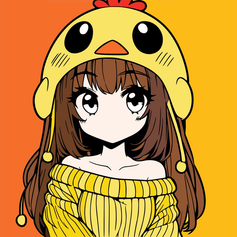 anime girl with chick shaped hat with sweater with bare shoulders with bangs covering them one eye with low tail