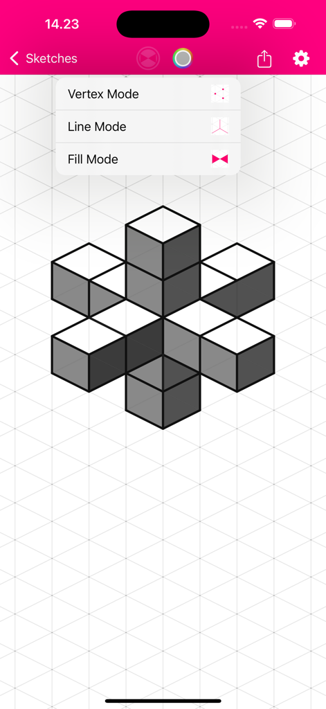 Oberfläche der Isometrischen Zeichen-App, die ein geometrisches 3D-Würfel-Design auf einem Raster anzeigt.