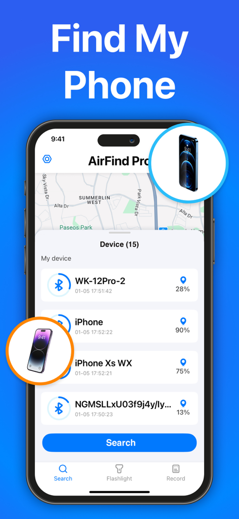 Find Air：My Device Tracker Pro - Find Air app screen showing a list of Bluetooth devices and a map for tracking lost items