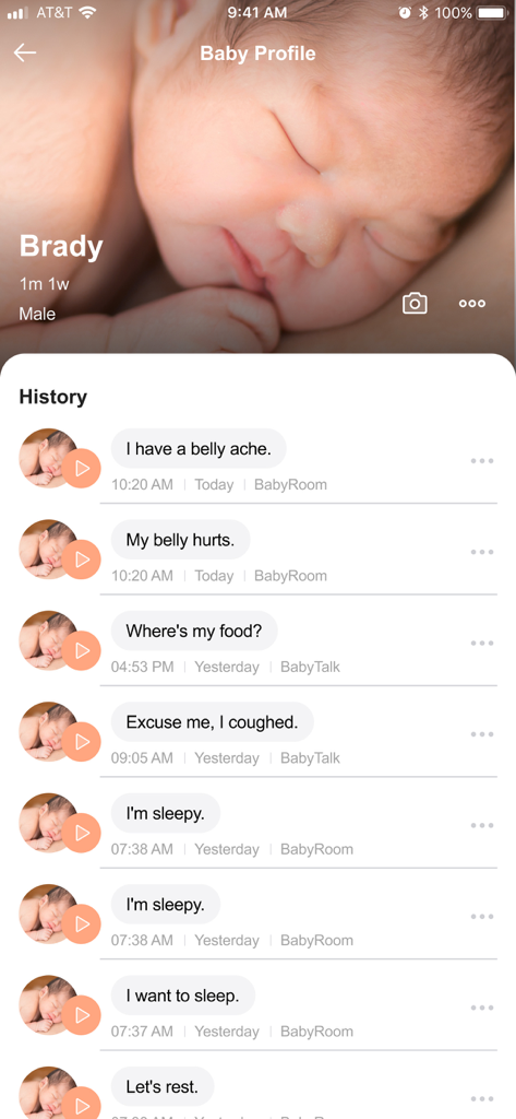 BabyTalk Translator - Página de perfil de bebé en la app BabyTalk Translator mostrando un historial de sonidos traducidos como hambre, sueño e incomodidad.