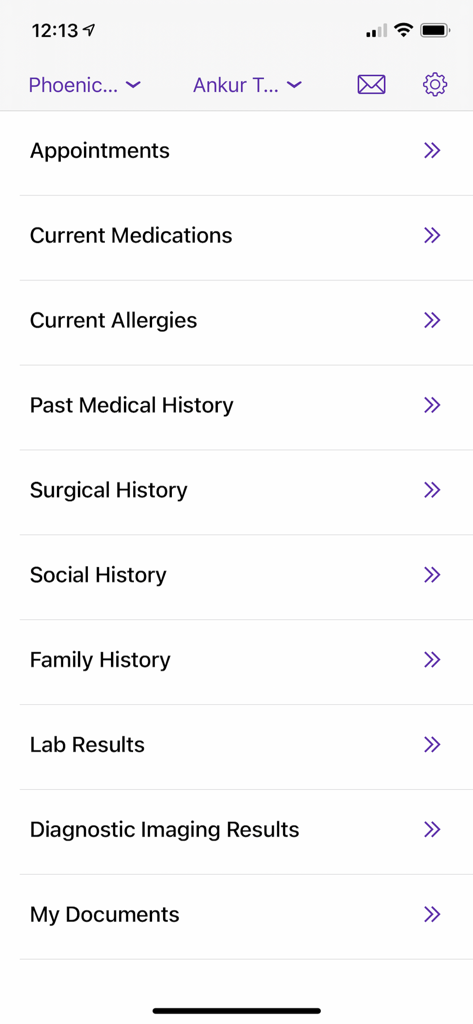 Althea Health app patient portal menu showing medical record categories