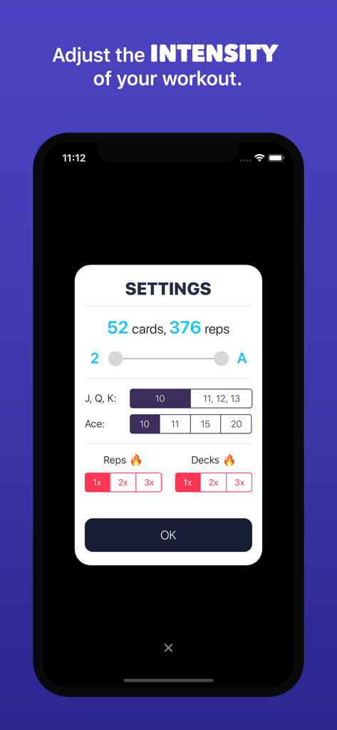 Settings screen in the Sweat Deck app for adjusting workout intensity, cards, and rep multipliers.