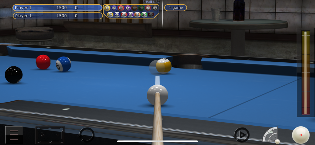 Screenshot of Virtual Pool 3D billiards simulator showing a player aiming a shot on a blue table