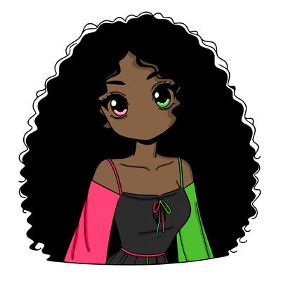 a black anime girl with long afro hair