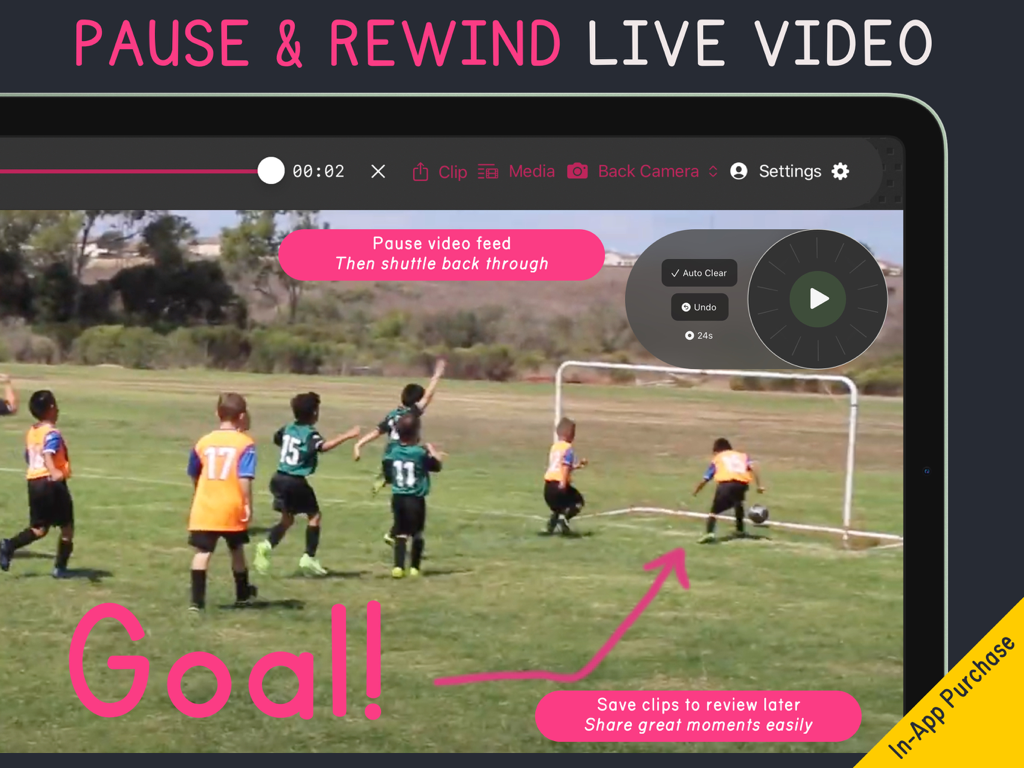 Video Pencil - Captura de tela do aplicativo Video Pencil mostrando pausa e retrocesso de vídeo ao vivo para coaching esportivo