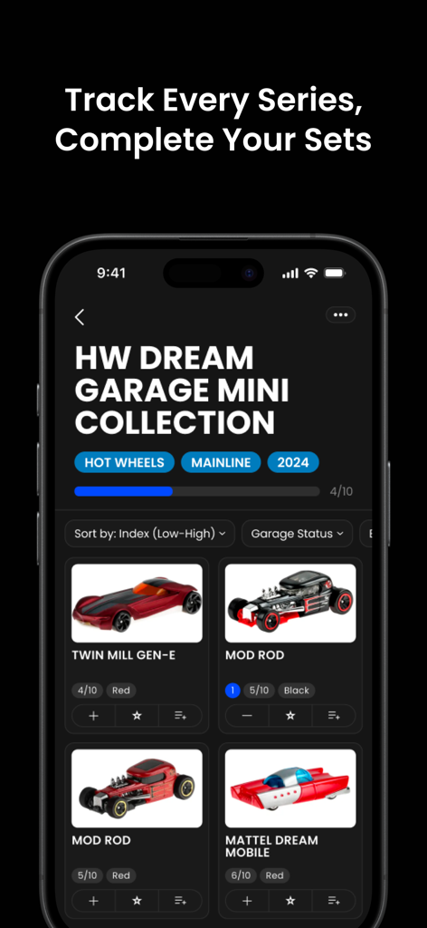Hot Wheels Showcase app interface displaying a collection tracker for the HW Dream Garage mini series