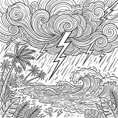 Unleash your creativity with this dramatic rumbling thunder and summer storm coloring page. Dive into a dynamic scene of crashing waves, lightning, and tropical foliage, perfect for an engaging artistic challenge.
