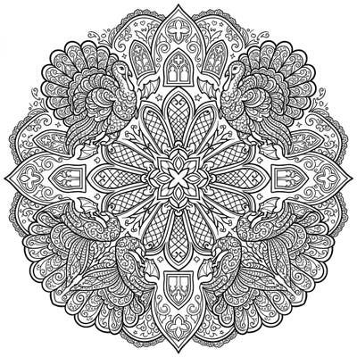 Dive into a captivating coloring experience with this intricate Gothic Turkey Mandala. Its unique blend of ornate turkeys and dark Victorian lace patterns offers a truly mysterious and engaging design.