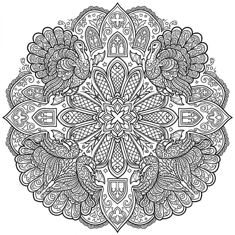 Dive into a captivating coloring experience with this intricate Gothic Turkey Mandala. Its unique blend of ornate turkeys and dark Victorian lace patterns offers a truly mysterious and engaging design.