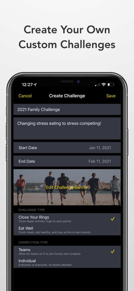 Benutzeroberfläche zum Erstellen einer benutzerdefinierten Fitness-Challenge mit Team- oder Einzeloptionen