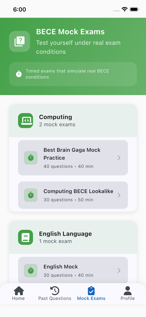 BECE Past Questions & Mocks - Captura de tela da tela de seleção de Simulados do BECE mostrando testes práticos para as disciplinas de Computação e Língua Inglesa.