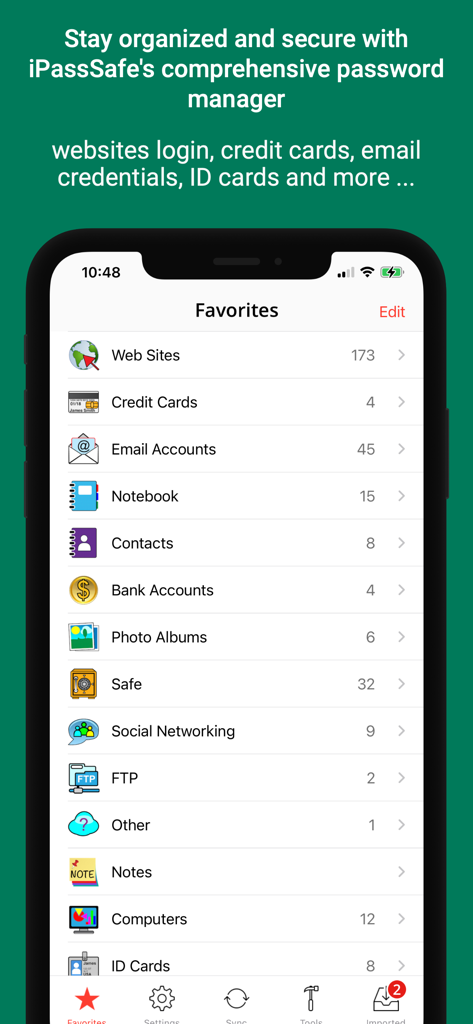 Password Manager iPassSafe . - iPassSafe favorites screen showing list of secure categories for data storage