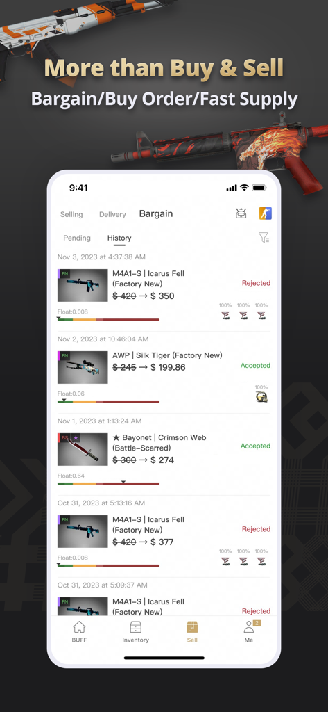 Tela do aplicativo BUFF Market mostrando um histórico de negociações de preços e negociações para skins de armas CS2.
