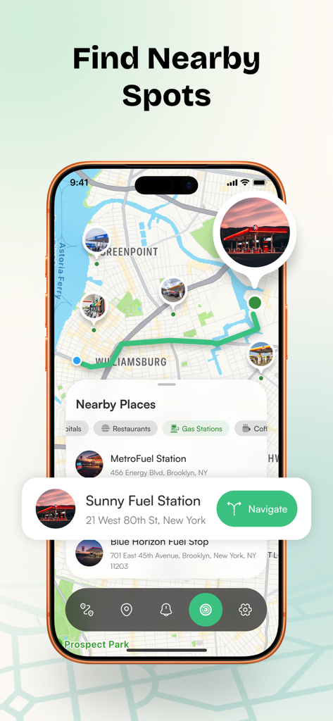 Friend Tracker app screen showing nearby gas stations on a map with a navigation button