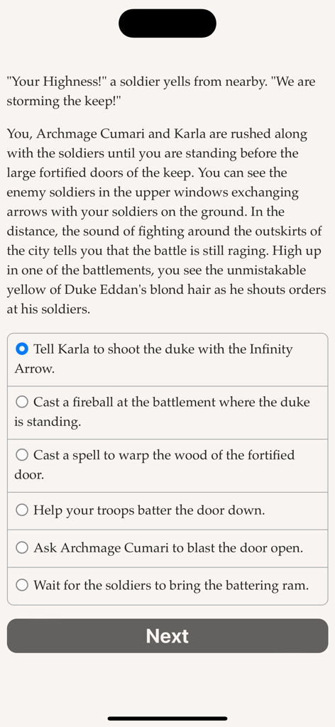 The Lost Heir 2 - A text-based gameplay screen from The Lost Heir 2 showing narrative descriptions and multiple choice options for storming a keep.