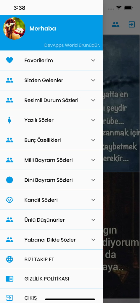 Seitenmenü der Durum Sozleri App mit verschiedenen Zitatkategorien auf Türkisch